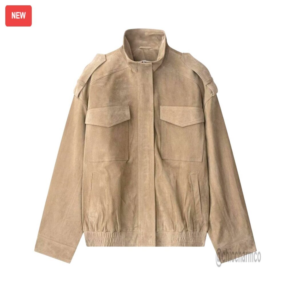 Oversized Faux Suede Bomber Jacket Y2K Chic Retro Blazer Style Zipper Lapel - Picture 1 of 7